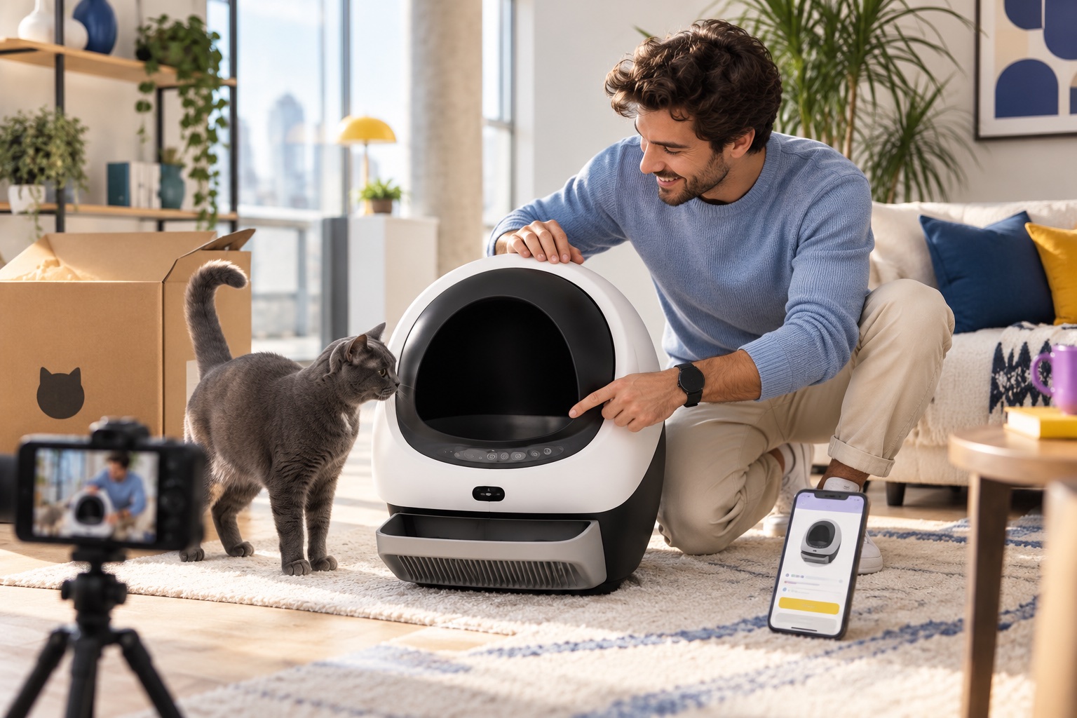 A connected pet product shown in a real home and customer context