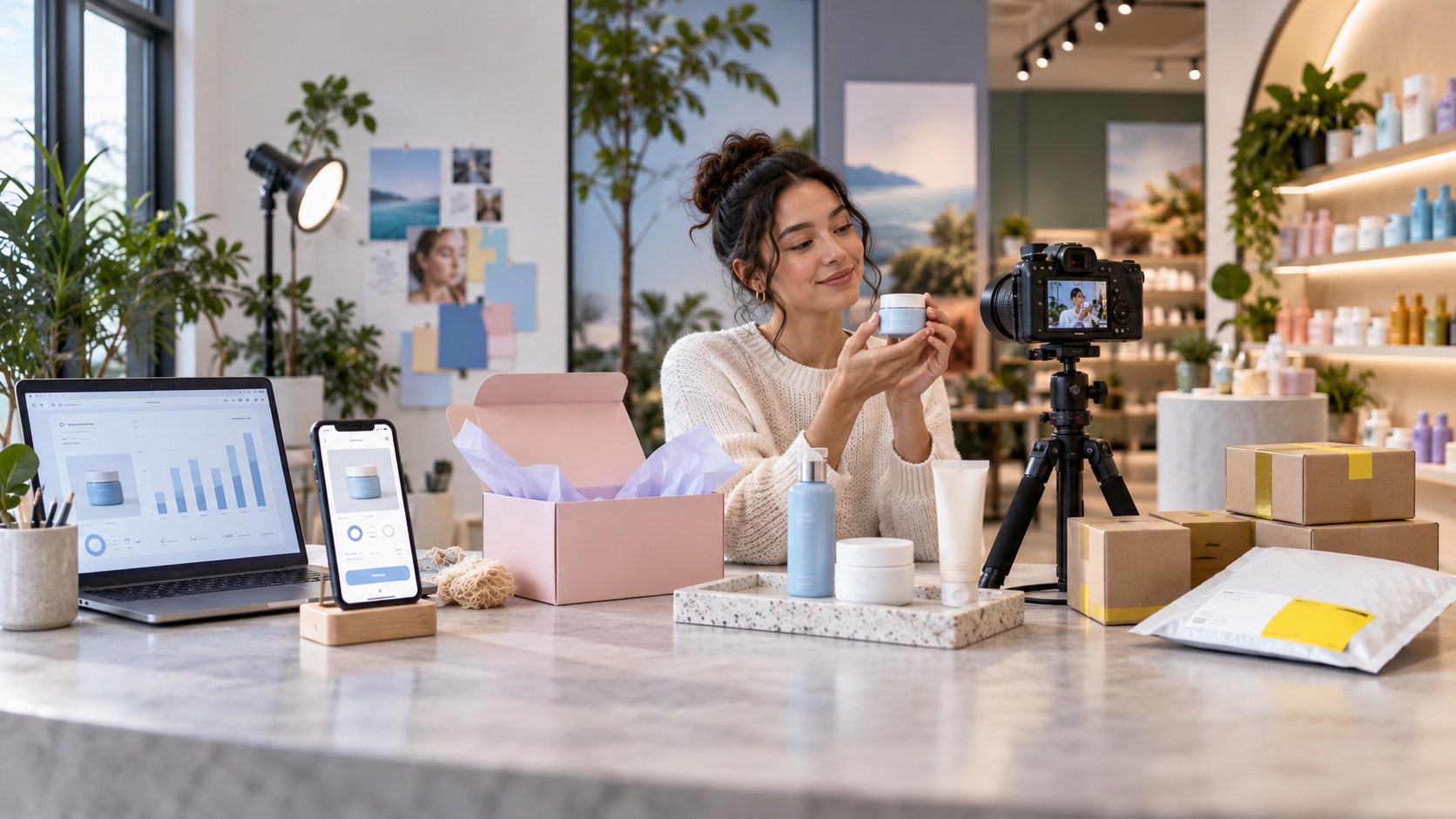A creator filming a consumer product while a storefront, performance dashboard, and shipping packages show the connected DTC system