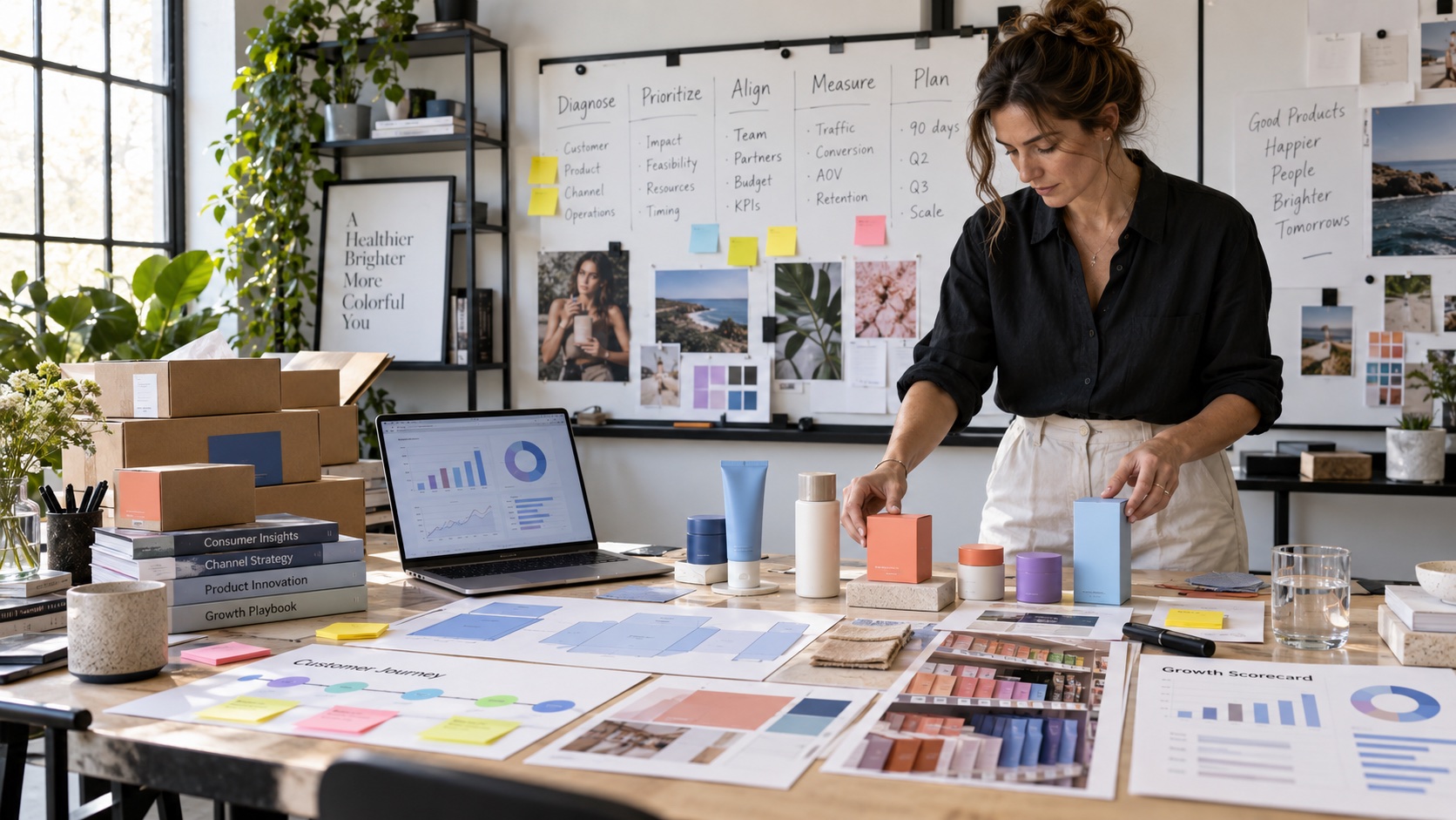 A growth operator reviewing consumer products, channel performance, packaging, and the operating plan at one working table