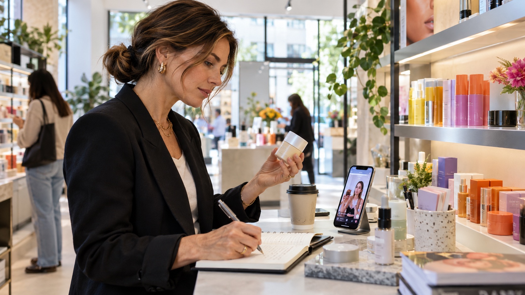 A consumer growth operator studying products, creator content, and shopper behavior in a beauty retail environment